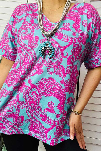 Western turquoise paisley printed short sleeve women top GJQ14409
