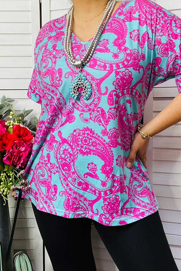 Western turquoise paisley printed short sleeve women top GJQ14409