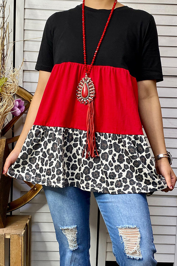 GJQ14491 Black,red,leopard printed baby doll short sleeve top