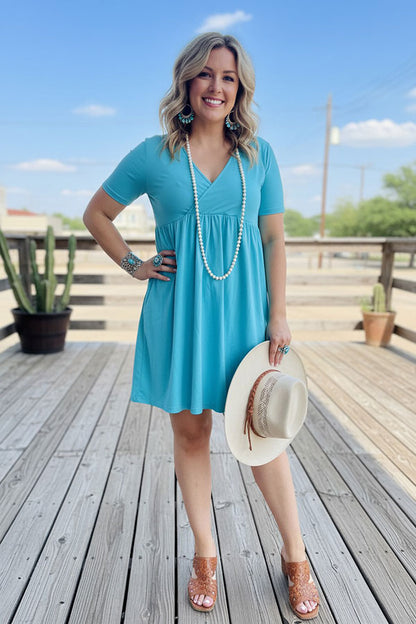 Western blue short sleeve women boutique dress w/pockets GJQ14589-2