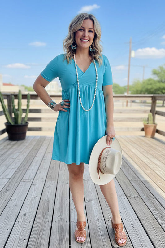 Western blue short sleeve women boutique dress w/pockets GJQ14589-2