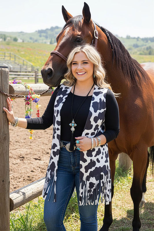 GJQ14616 Leopard printed w/tassels women vest /cardigan