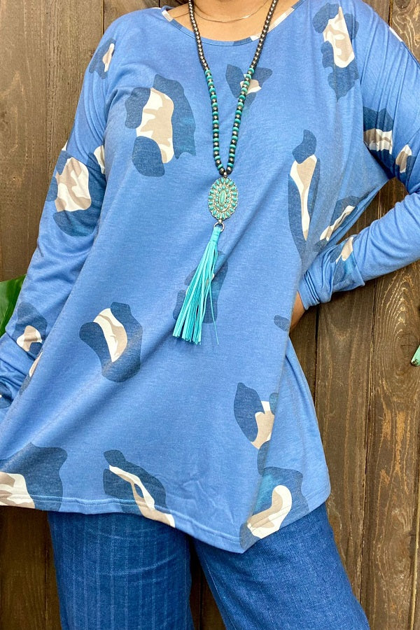 GJQ14924 blue leopard printed long sleeves women blouse