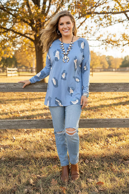 Western blue leopard long sleeve women's boutique blouse Southern Stitch GJQ14724