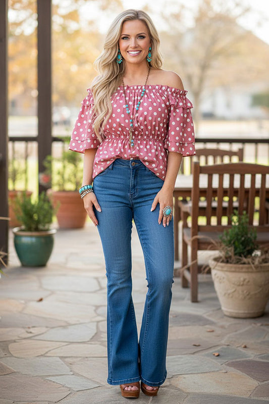 Trendy Blush & White dot off shoulder women's boutique top GJQ14796
