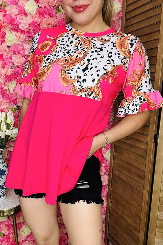 Women's clothing suppliers Western cow & floral printed fuchsia & short sleeves GJQ14900