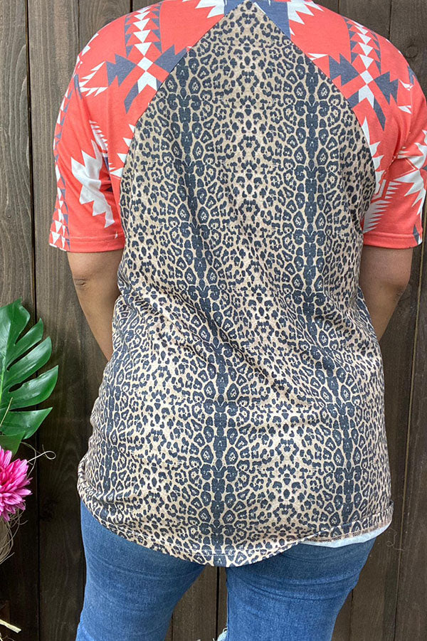 GJQ14902 Orange aztec prints & leopard short sleeve women top