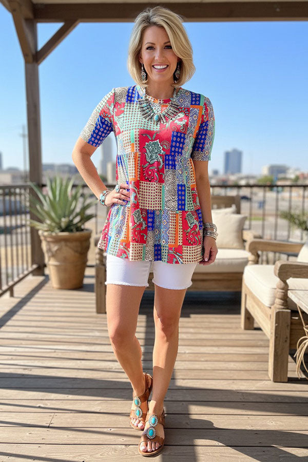 Paisley prints color blocked short sleeve baby doll women blouse GJQ14911