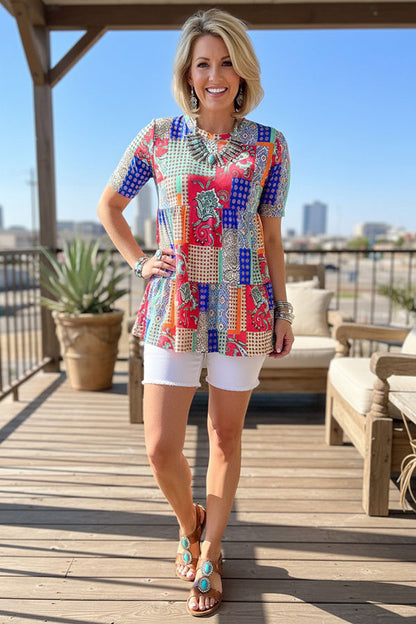 Paisley prints color blocked short sleeve baby doll women blouse GJQ14911