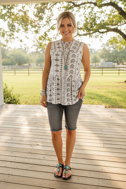 Western chic aztec printed & sleeveless women's boutique top Southern Stitch GJQ14967
