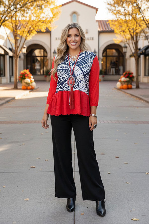 Black striped Red block printed 3/4 sleeve ruffle hem women tops GJQ15031