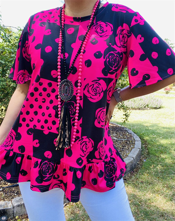 GJQ15123 Leopard & Rose printed neon pink&black short sleeve women tops