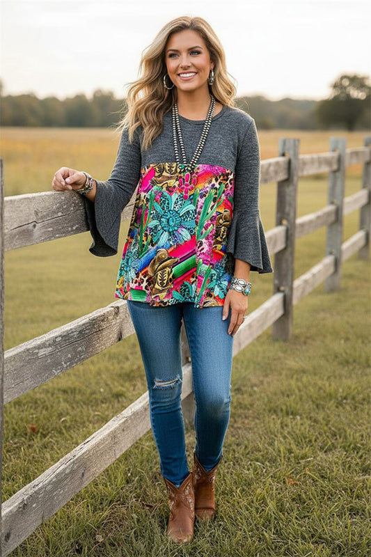 Western patterns & gray baby doll women's boutique blouse Southern Stitch GJQ15150