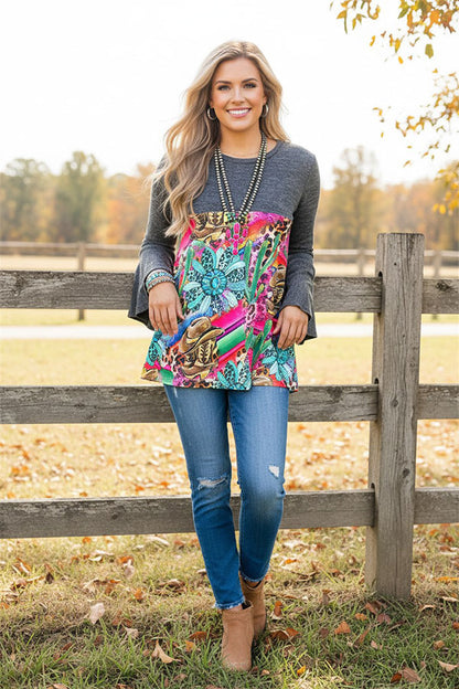 Western patterns & gray baby doll women's boutique blouse Southern Stitch GJQ15150