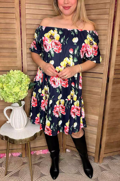 Floral printed black off shoulder short sleeve w/side pockets women dress GJQ15155