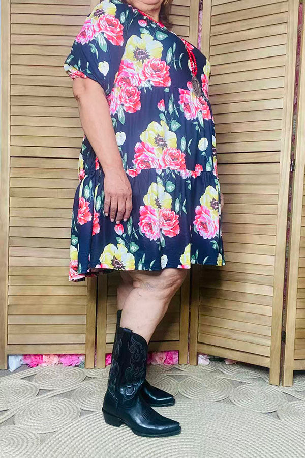 Floral printed black off shoulder short sleeve w/side pockets women dress GJQ15155