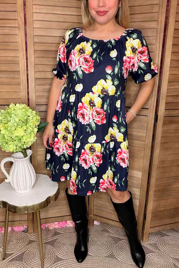 Floral printed black off shoulder short sleeve w/side pockets women dress GJQ15155