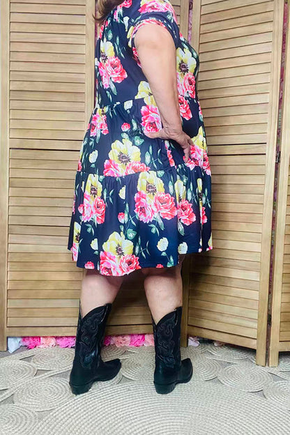 Floral printed black off shoulder short sleeve w/side pockets women dress GJQ15155