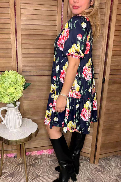 Floral printed black off shoulder short sleeve w/side pockets women dress GJQ15155