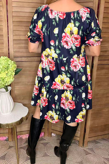 Floral printed black off shoulder short sleeve w/side pockets women dress GJQ15155