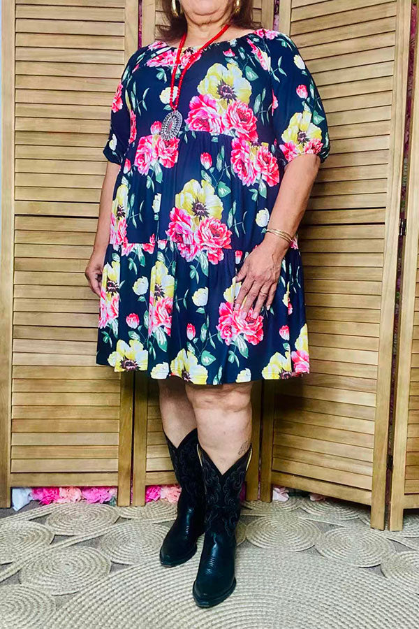 Floral printed black off shoulder short sleeve w/side pockets women dress GJQ15155