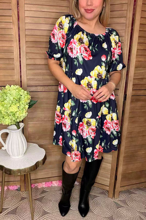 Floral printed black off shoulder short sleeve w/side pockets women dress GJQ15155
