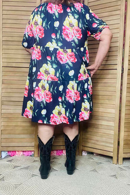 Floral printed black off shoulder short sleeve w/side pockets women dress GJQ15155