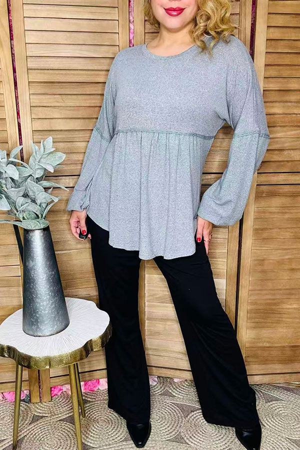 Plus size solid color grey baby doll long sleeve women tops GJQ15291