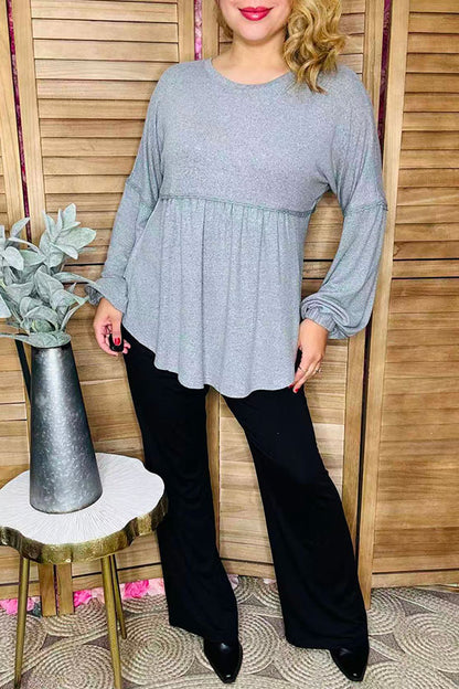 Plus size solid color grey baby doll long sleeve women tops GJQ15291