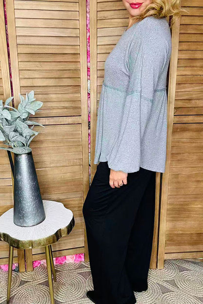 Plus size solid color grey baby doll long sleeve women tops GJQ15291