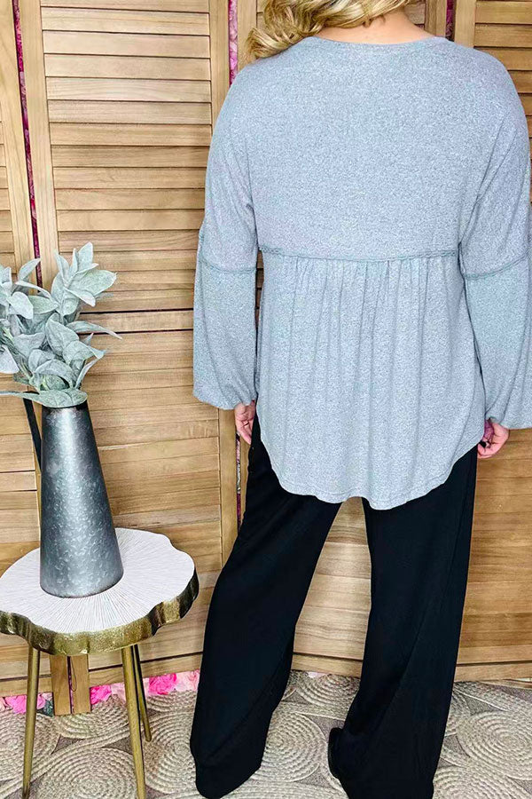 Plus size solid color grey baby doll long sleeve women tops GJQ15291