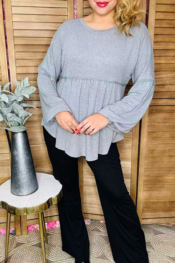 Plus size solid color grey baby doll long sleeve women tops GJQ15291