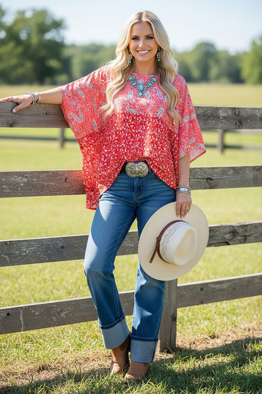 Western Coral paisley & floral oversize women's boutique blouse GJQ15303