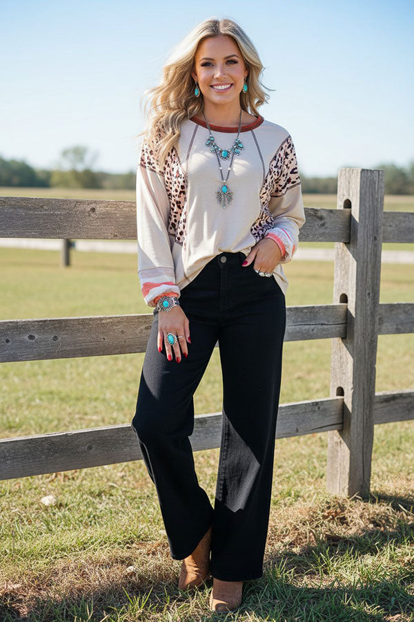 Western leopard & beige long sleeve women's boutique top GJQ15315