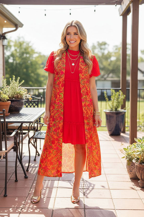 Chic orange floral print open style women's boutique cardigan GJQ15405