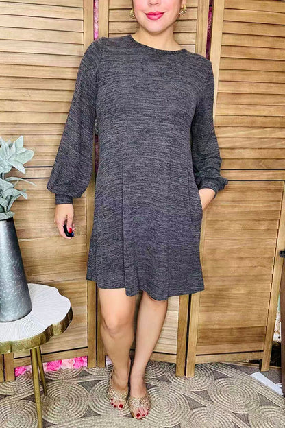 Gray solid color long sleeve w/side pockets women dresses GJQ15504