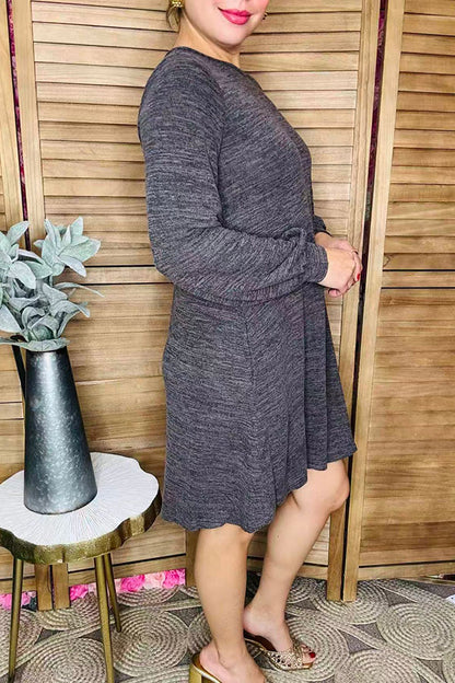 Gray solid color long sleeve w/side pockets women dresses GJQ15504