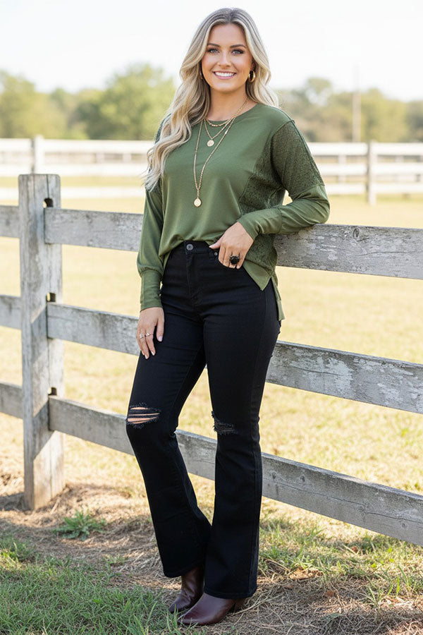Western Green & lace patchwork long sleeve women's boutique tops GJQ15536
