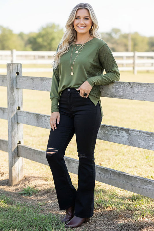 Western Green & lace patchwork long sleeve women's boutique tops GJQ15536