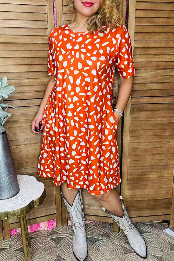 Rust leopard printed short sleeve w/side pockets women dresses GJQ15562