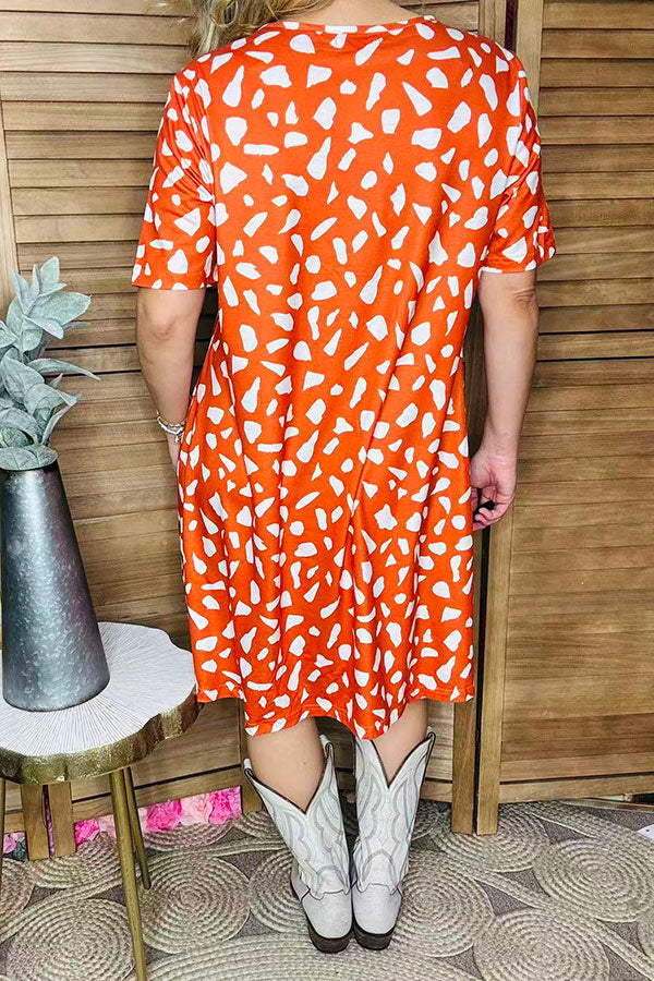 Rust leopard printed short sleeve w/side pockets women dresses GJQ15562
