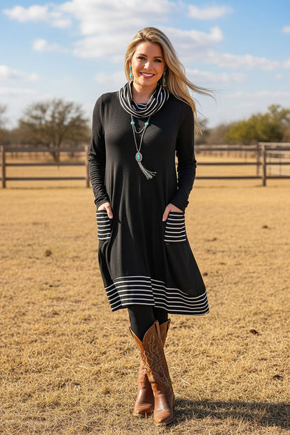 Black/white striped Turtleneck & irregular bottom women dress GJQ15563