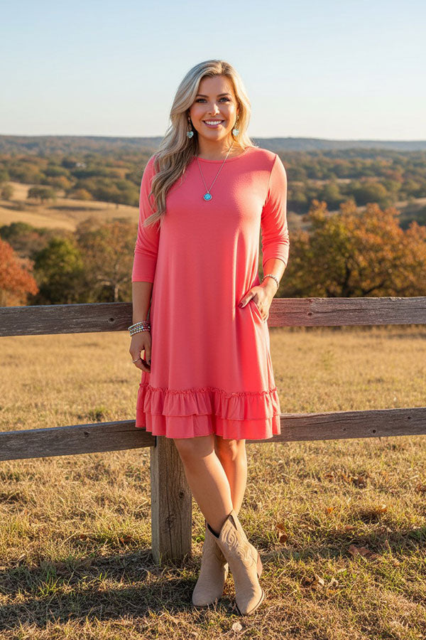 Western pink 3/4 sleeves women's boutique dress w/ruffle GJQ15571
