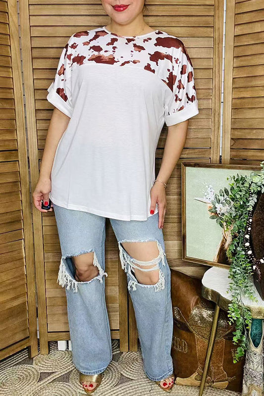 Western t-shrit wholesale Brown cow prints & white w/short sleeves women top GJQ15594