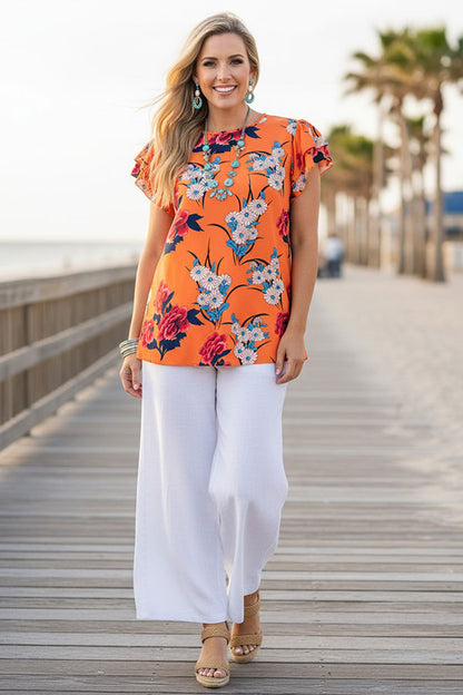 Trendy floral print orange cap sleeve women's boutique top Southern Stitch GJQ15656