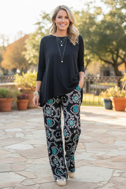 Western blue 3/4 sleeve top & paisley pant women's boutique set GJQ15672