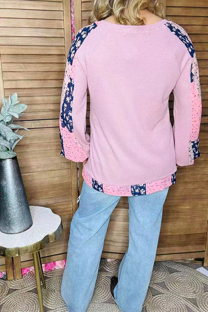 Knitted waffle pink & chiffon floral printed long sleeve women blouse GJQ15675