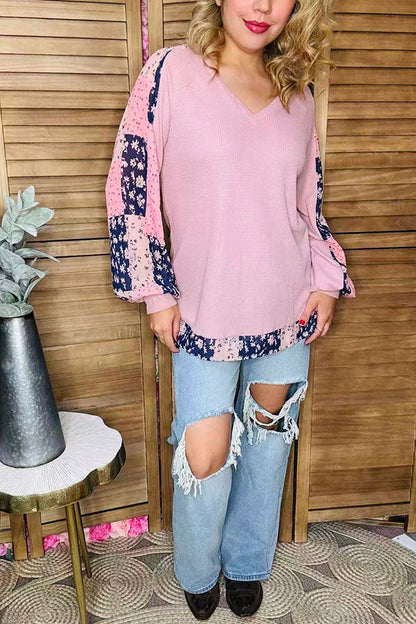 Knitted waffle pink & chiffon floral printed long sleeve women blouse GJQ15675