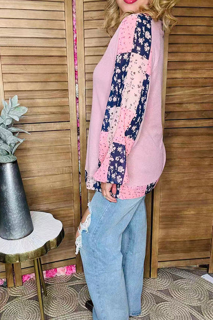 Knitted waffle pink & chiffon floral printed long sleeve women blouse GJQ15675