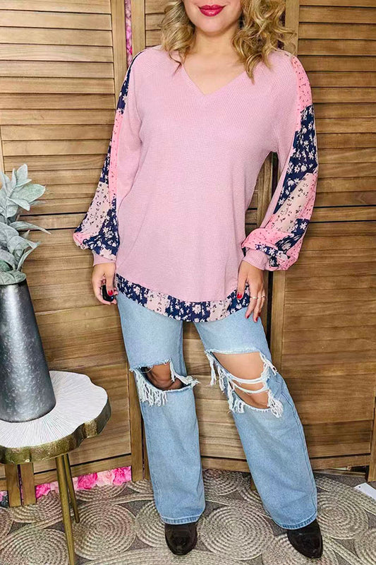 Knitted waffle pink & chiffon floral printed long sleeve women blouse GJQ15675